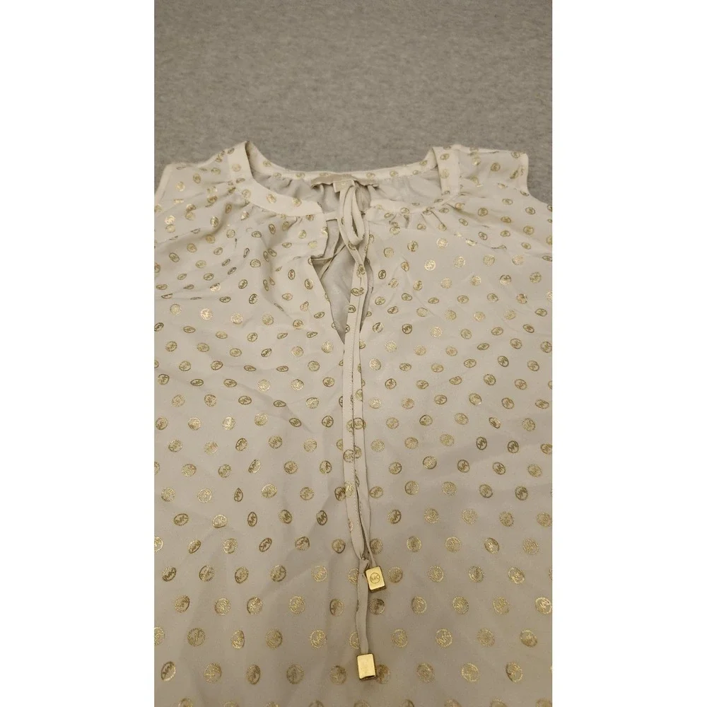 Michael Kors Shirt Womens Medium  Gold Logo Cold Shoulder Tie Neck Foil‎